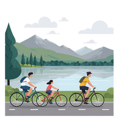Fototapeta premium Family cycling adventure by the lake with mountains in the background.