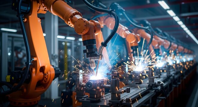 A row of orange robotic arms welding metal parts in a factory, creating sparks and showcasing automated industrial processes. - Powered by Adobe