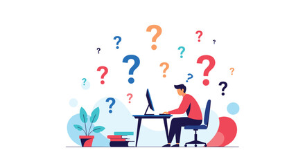 Man sitting at desk with computer surrounded by many question marks illustrating confusion and uncertainty