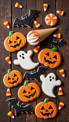 Cozy festive still life of Halloween treats with shallow depth of field and warm lighting