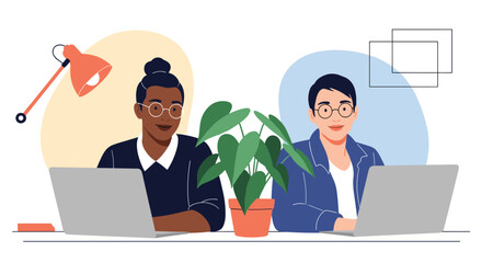 Two diverse individuals working together on laptops in a modern office environment