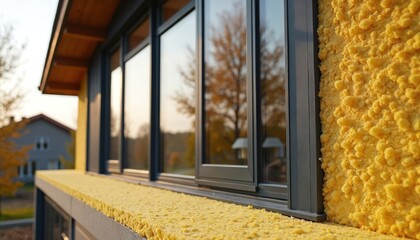 Obraz na płótnie Canvas Close-up of bright yellow insulation material applied to a building exterior. Modern farmhouse renovation features energy saving thermal improvement. Sustainable building material upgrade for comfort.