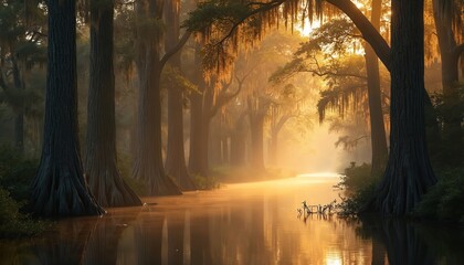 New Orleans bayou landscape at sunrise with golden light filtering through cypress trees draped in Spanish moss. Misty water reflects ethereal glow. Peaceful natural scenery captures Louisiana unique