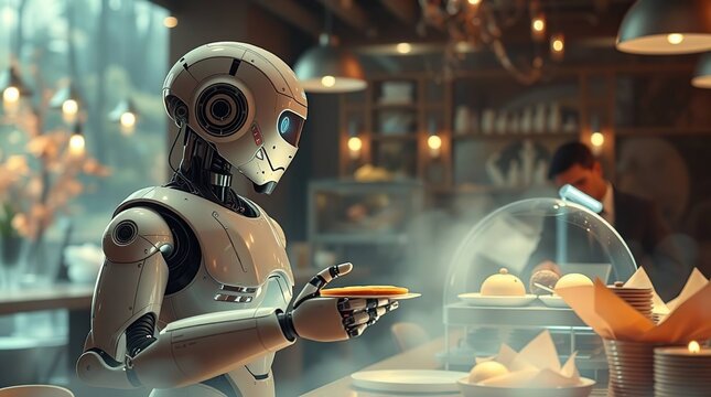 Robot Serving Pastry in Cafe.