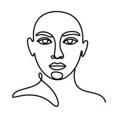 Minimalist continuous line drawing of a bald person s face and shoulders