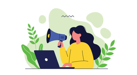 Announcing important news or a special promotion with a megaphone on a laptop computer