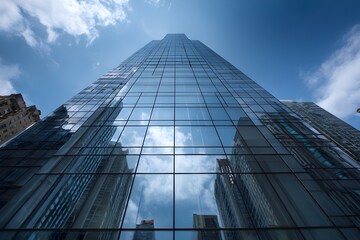 Fototapeta premium Modern Architectural Masterpiece: Reflective Skyscraper Glass Facade Capturing Cityscapes, Light, and Urban Grandeur.