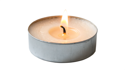Closeup of a burning tea light candle isolated on transparent background, creating a warm and inviting ambiance in any setting