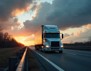 White semi-truck travels on highway during sunset with dramatic clouds. The heavy vehicle transports cargo, symbolizing long-distance delivery and logistics industry operations.