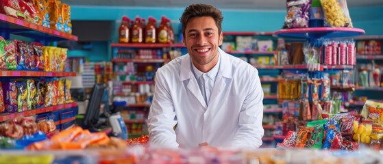 The shopkeeper smiling behind a colorful convenience store counter filled with snacks and candy