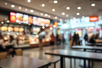 Blurry interior shot of a bustling restaurant with tables in the foreground and people ordering near a food display in the background