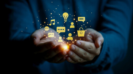 A dark blue background with hands cupped together in the center, holding a glowing digital interface of icons.