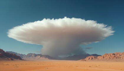 Massive lenticular cloud formation dominates sky above arid desert landscape. Towering mountains visible on horizon under clear blue atmosphere. Natural weather phenomenon offers surreal, tranquil