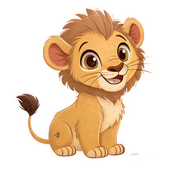 Cute cartoon baby lion with big eyes and fluffy mane smiling
