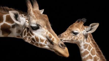 Two giraffes share a tender moment as the adult giraffe gently nuzzles the young calf. This interaction highlights the bond and nurturing behavior between them.