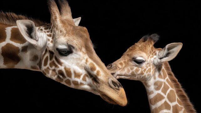 Two giraffes share a tender moment as the adult giraffe gently nuzzles the young calf. This interaction highlights the bond and nurturing behavior between them.