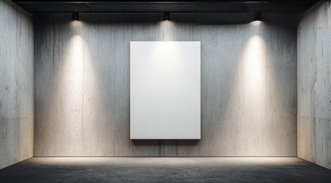 A blank canvas hangs centrally on a raw concrete wall, spotlit by three overhead lights in a minimalist, gallery-like setting