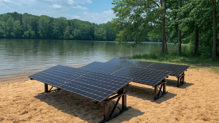Obraz premium A daytime photograph of solar panels installed on a sandy beach next to a calm lake.