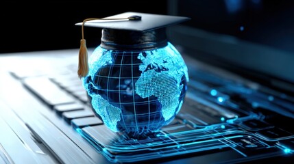 A digital globe representing Africa is capped with a graduation hat, symbolizing the connection between education and technology.