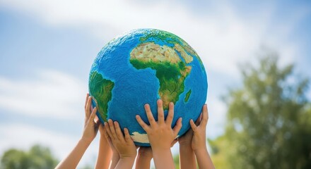 Young hands collectively cradle a vivid globe under a bright sky, embodying environmental care and a hopeful future for all