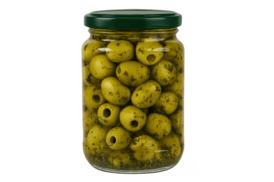 Glass jar filled with green olives with herbs on transparent background - Powered by Adobe