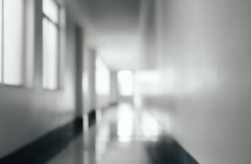 A blurry grayscale view of a corridor with windows letting in light, creating reflections on the floor. The walls appear textured and smooth