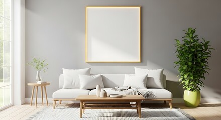 Elegant living room showcasing a minimalist sofa, a large framed artwork, and potted plants, exuding sophistication