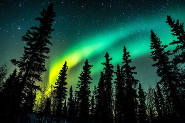 Fototapeta premium Northern lights glowing over pine forest at night