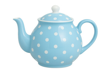 Light blue teapot with white polka dots on transparent background