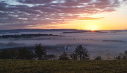 Serene sunrise over misty rural landscape.