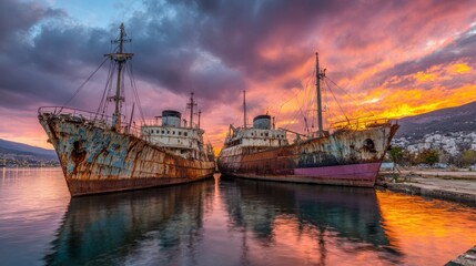 Two rusted ships stand side by side at an abandoned dock as the sun sets, casting vibrant hues across the sky and reflecting on the calm water below.