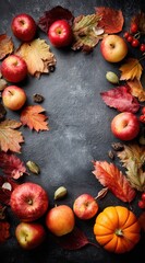 An overhead shot frames a dark surface with vibrant apples, autumnal leaves, berries, and a miniature pumpkin, creating a cozy, seasonal arrangement