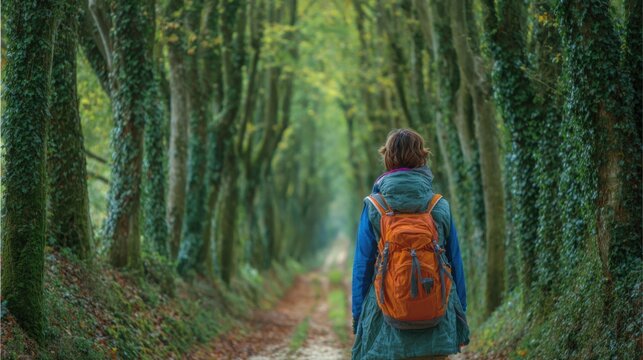 A lone traveler walks along a tranquil trail in a vibrant forest, flanked by tall trees with green foliage. The peaceful atmosphere is perfect for reflection and exploration.