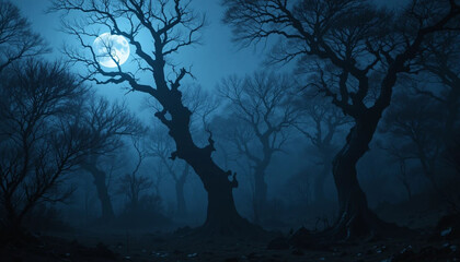 Eerie Forest with Twisted Trees Under Full Moonlight and Misty Blue Atmosphere