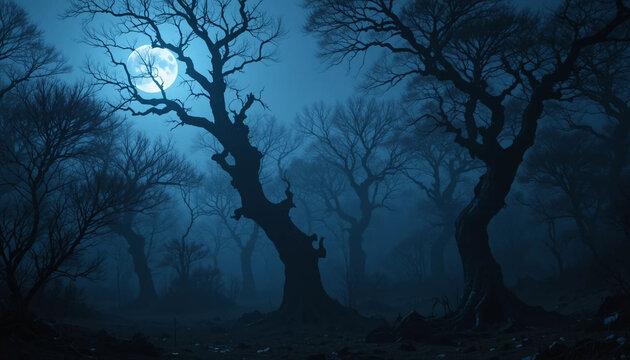 Eerie Forest with Twisted Trees Under Full Moonlight and Misty Blue Atmosphere - Powered by Adobe