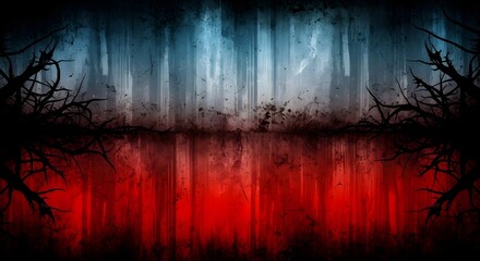 An abstract, dark background with vertical streaks of red and blue, resembling a distressed forest or a bloodsplattered scene with silhouetted branches