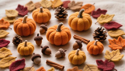 Wool felt style autumn still life with pumpkins, pinecones, acorns and dried leaves