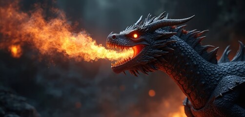3D fantasy dragon breathes fire on dark night background. Mythology creature with glowing red eyes and sharp teeth looks at camera. Fearsome beast in flight over dark landscape.