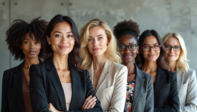 Group of confident businesswomen in modern suits pose together. Diverse female leaders show collaboration, empowerment, innovation, success across industries. Celebrates women entrepreneurship,
