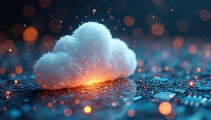 Abstract visualization of futuristic big data networks in cloud systems. Illuminated data flow over circuit board. High-tech concept shows connectivity, virtual intelligence, information transfer,