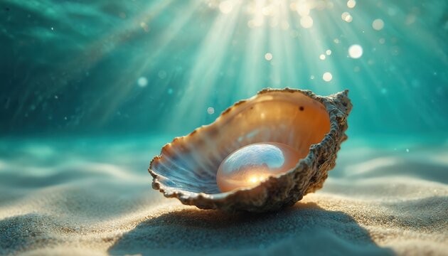 Underwater scene large pearl inside open shell resting on sandy seabed. Sunlight beams through clear turquoise water, illuminating treasure. Natural beauty, elegance, luxury embodied in serene