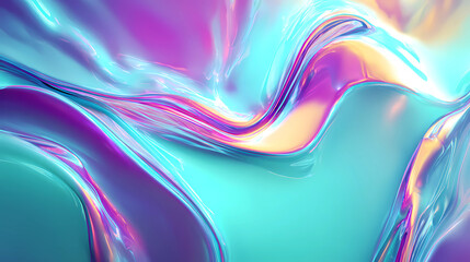 abstract background image features vibrant, flowing shapes with a smooth, holographic quality. The color palette consists of cool tones like teal, cyan, and purple, accented by a warm, glowing yellow