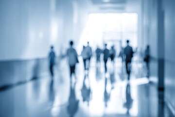 Blurred figures walk down a bright, blue-toned corridor. Light floods the space from the end, creating a sense of movement and anonymity