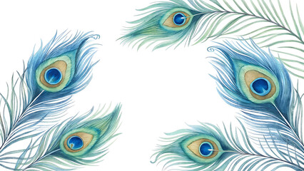 Obraz premium Elegant Watercolor Frame Border Featuring Blue Peacock Feathers in a Tropical Setting