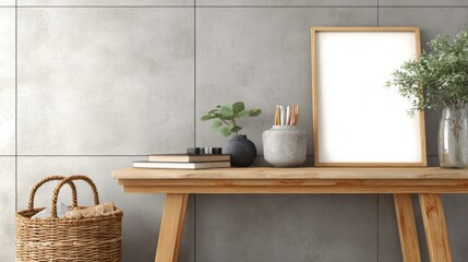 Minimalist Wooden Console Table Decor with Potted Plants and Empty Frame in Modern Interior