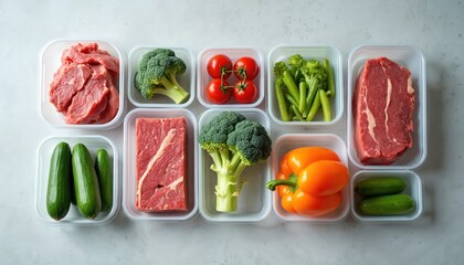 Fresh ingredients neatly organized in clear containers. Includes raw beef slices, broccoli florets, cherry tomatoes, green beans, cucumbers, orange bell peppers. Prepped for healthy meal preparation,
