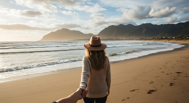 A romantic travel photo from the perspective of a person following their partner on a scenic beach - Powered by Adobe