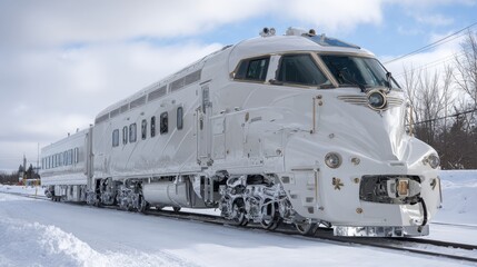 Obraz premium A pristine white train moves slowly along icy tracks, surrounded by a snow-covered landscape under a cloudy sky. The scene captures the essence of winter travel.