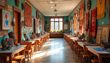 Vibrant classroom hallway filled with diverse cultural artifacts, student artwork. Colorful textiles, masks, sculptures, paintings adorn walls. Wooden desks, chairs line room, suggesting hands-on