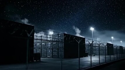 Dramatic night scene with illuminated shipping containers behind barbed wire fence under starry sky, industrial security concept - Powered by Adobe